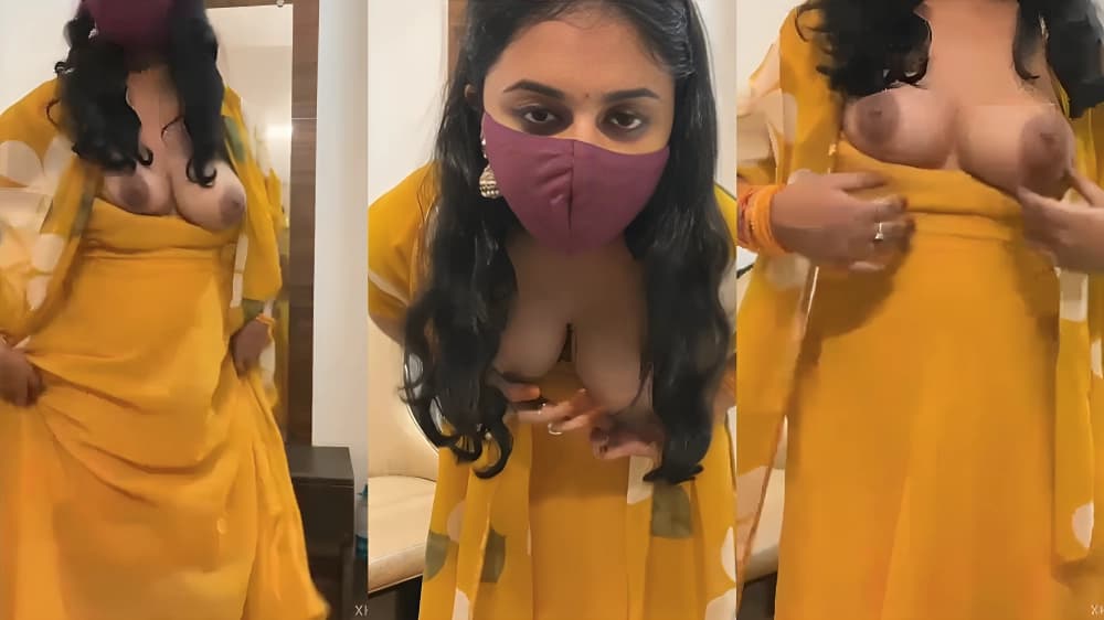 Horny Desi Masked Girl In Yellow Dress Pressing Boobs And Loud Moaning