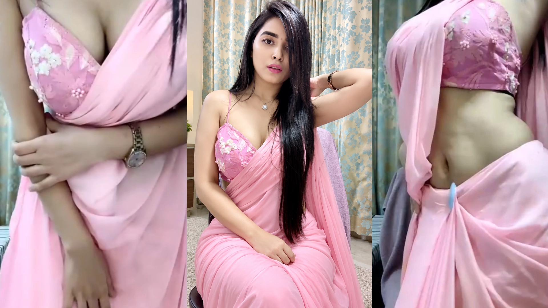 Desi Girl in Pink Saree Teasing Cleavage and Body